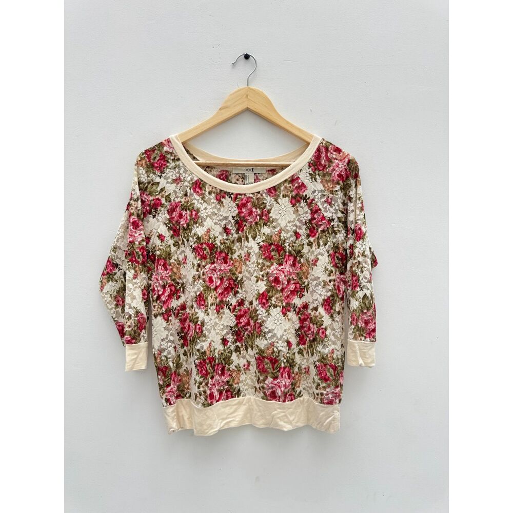 XXI Forever 21 Floral Lace Pullover Top Cream Pink Rose Raglan Knit Small S